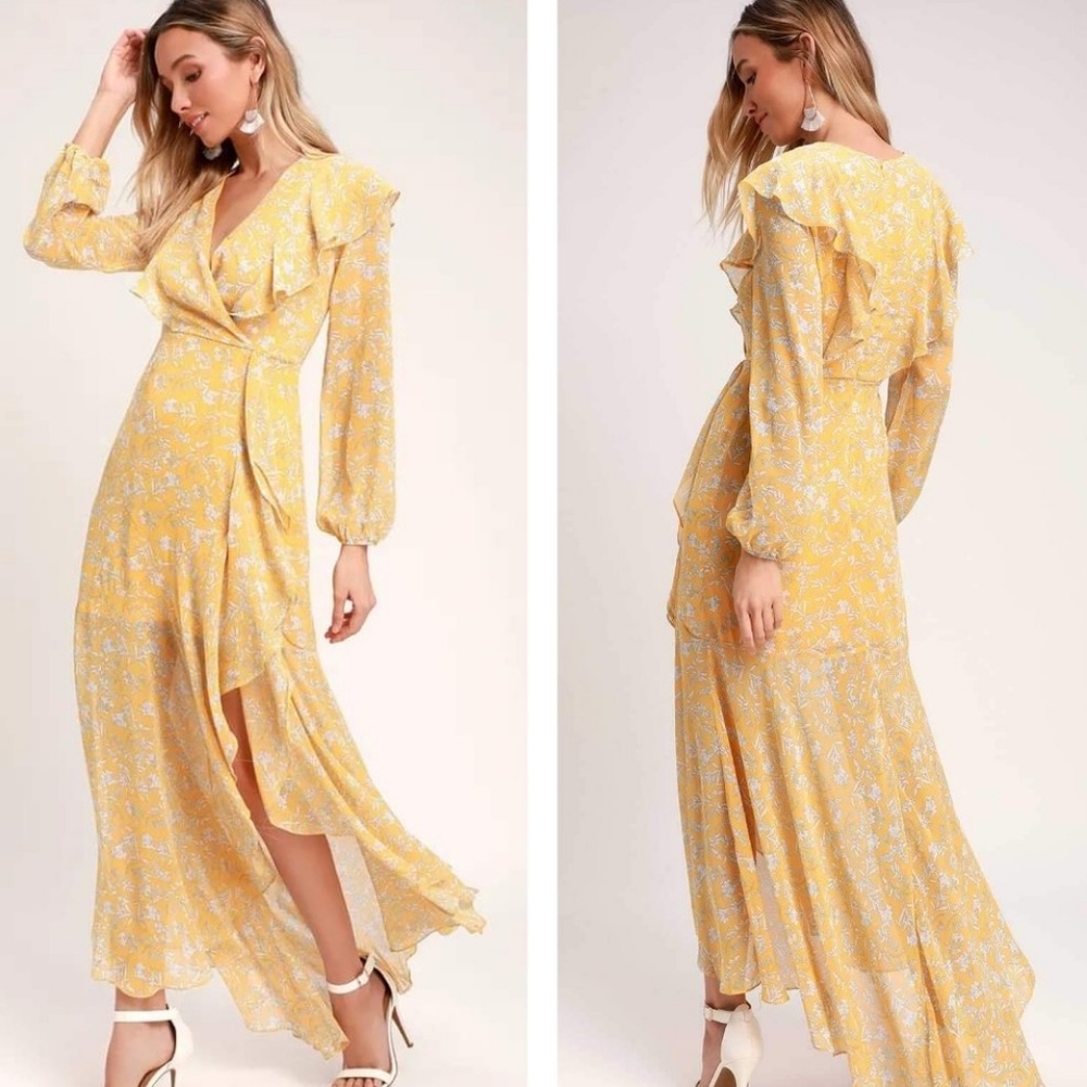 Lulus Yellow Floral Print Ruffled Long Sleeve Maxi Dress
